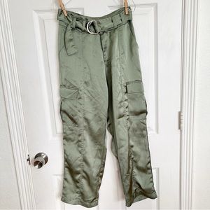 Olive Green Shine Satin Cargo Pants